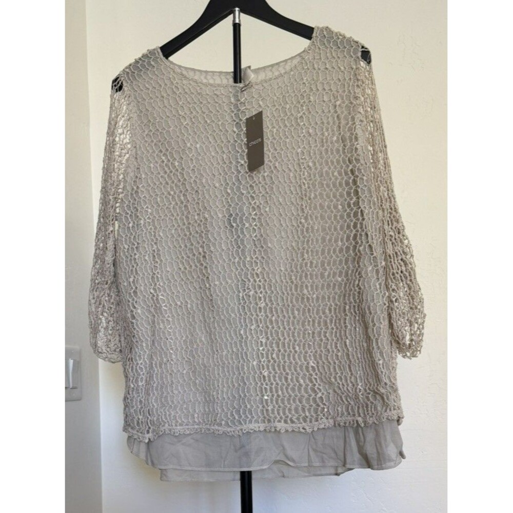 Chico’s Women’s Alisha Beige Crochet Sequin Scoop Neck Sheer Sweater L NWT